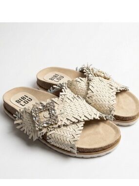 Bibi Lou Woven Leather Slide Sandals Crystal Buckle Fringe Cream Ivory Size 39/9